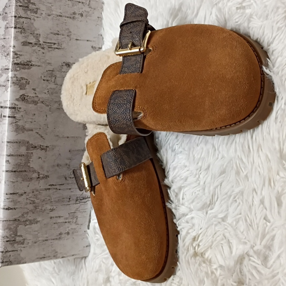 New Michael Kors Judd Brown Suede Mules Shearling Lined Lug Soles Size 7 - Picture 7 of 15